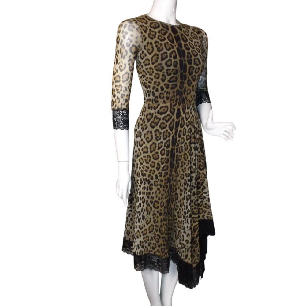 FUZZI/JEAN PAUL GAULTIER Dress, S, Leopard print, Mesh, Asym Lace hem, Animal - Picture 4 of 13